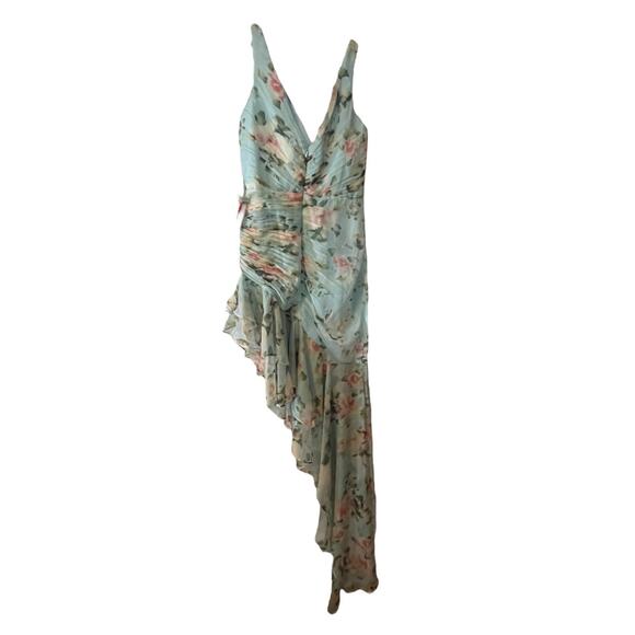 Ieena for Mac Duggal  Blue Floral Print Asymmetrical Ruffle Hem Dress Size 6 - Picture 2 of 10